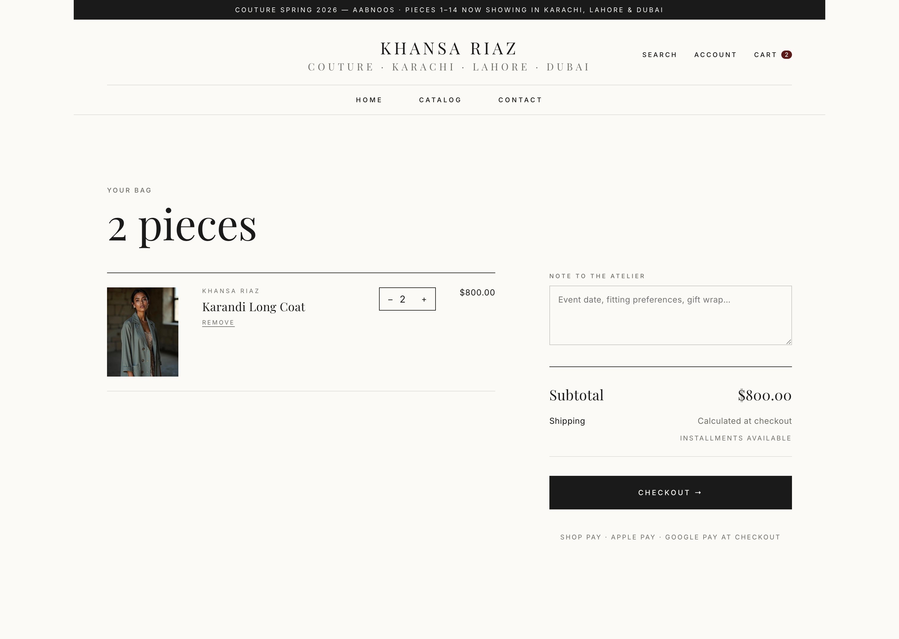 Page-style cart with line-item museum captions and fitting/checkout split