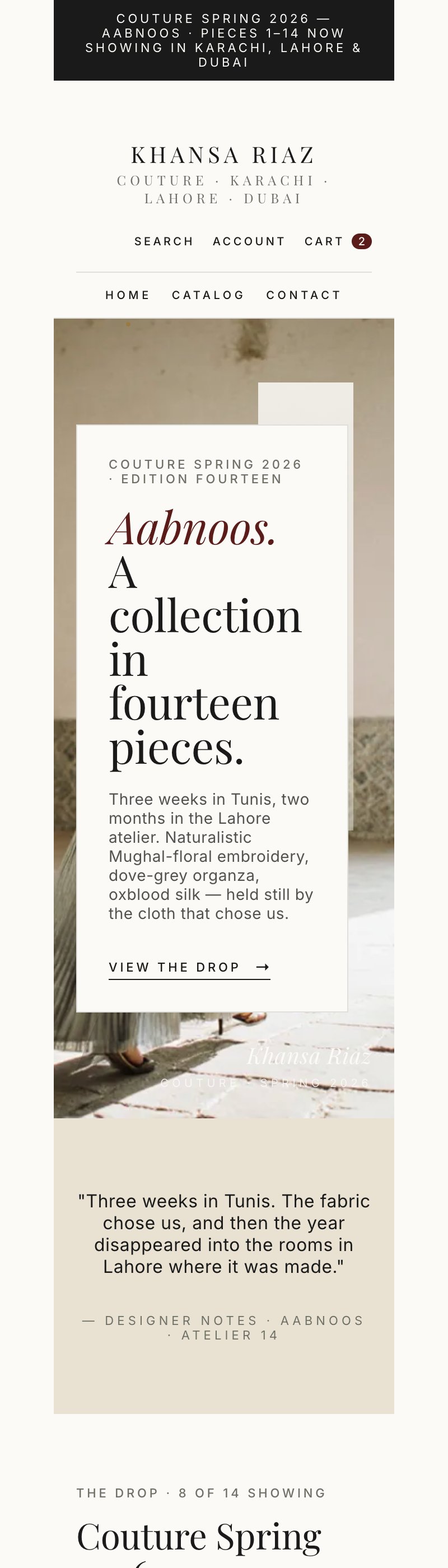 Atelier mobile home — current-drop hero stacked