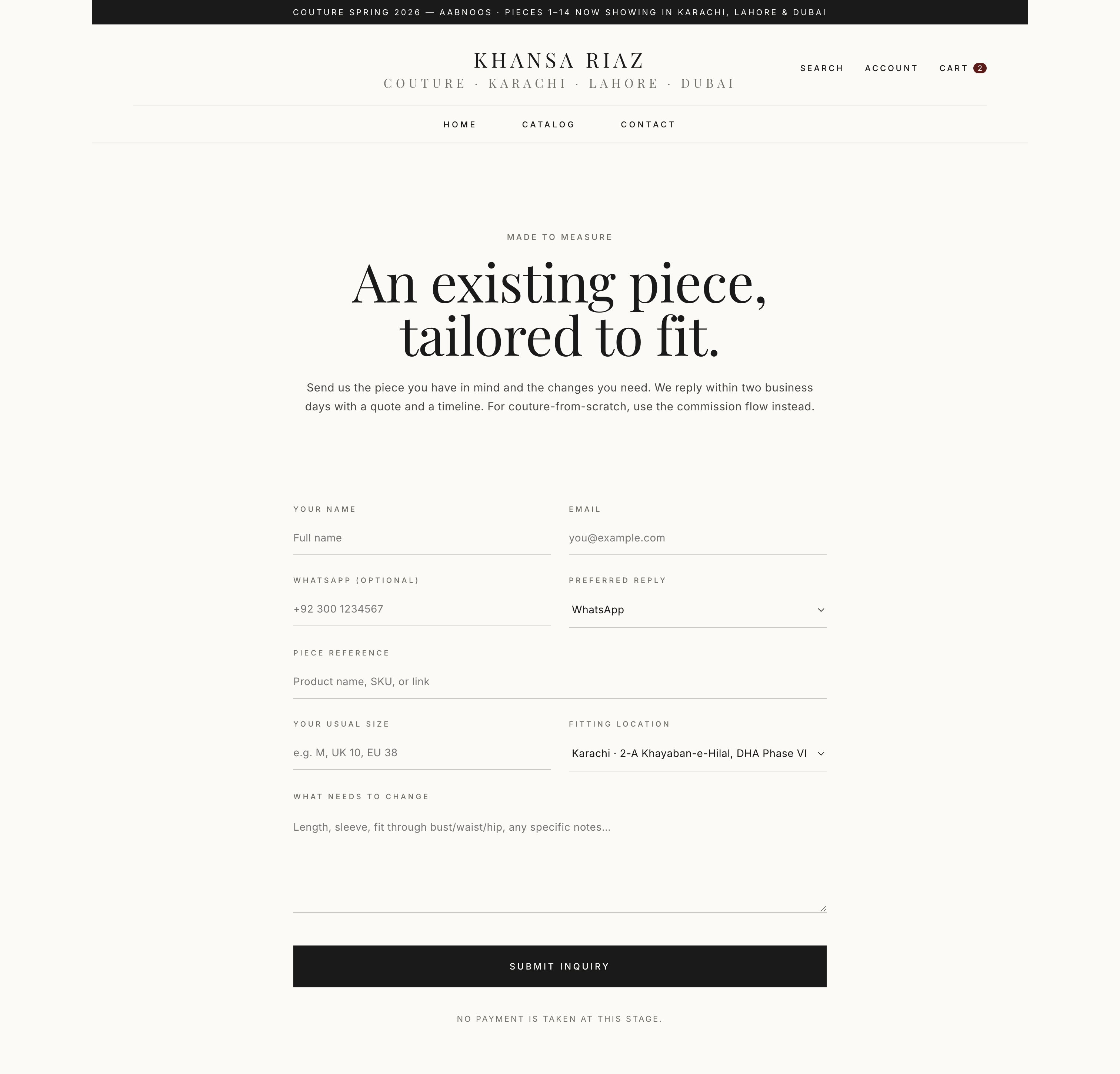 Made-to-Measure inquiry — WhatsApp-first form with fitting CTA