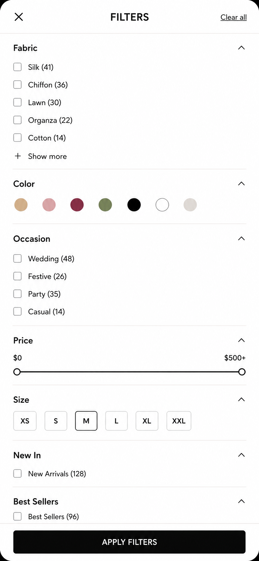 Mobile filters bottom sheet