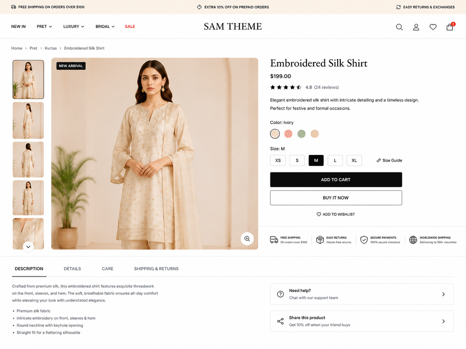Product page with accordion sections
