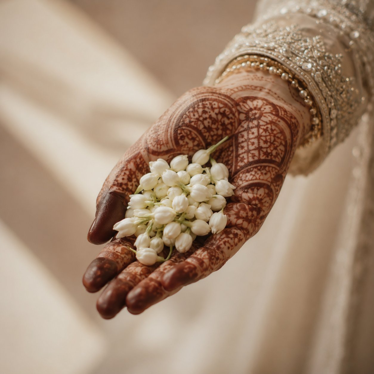 Festive moodboard tile — hennaed hands holding mogra (jasmine) buds