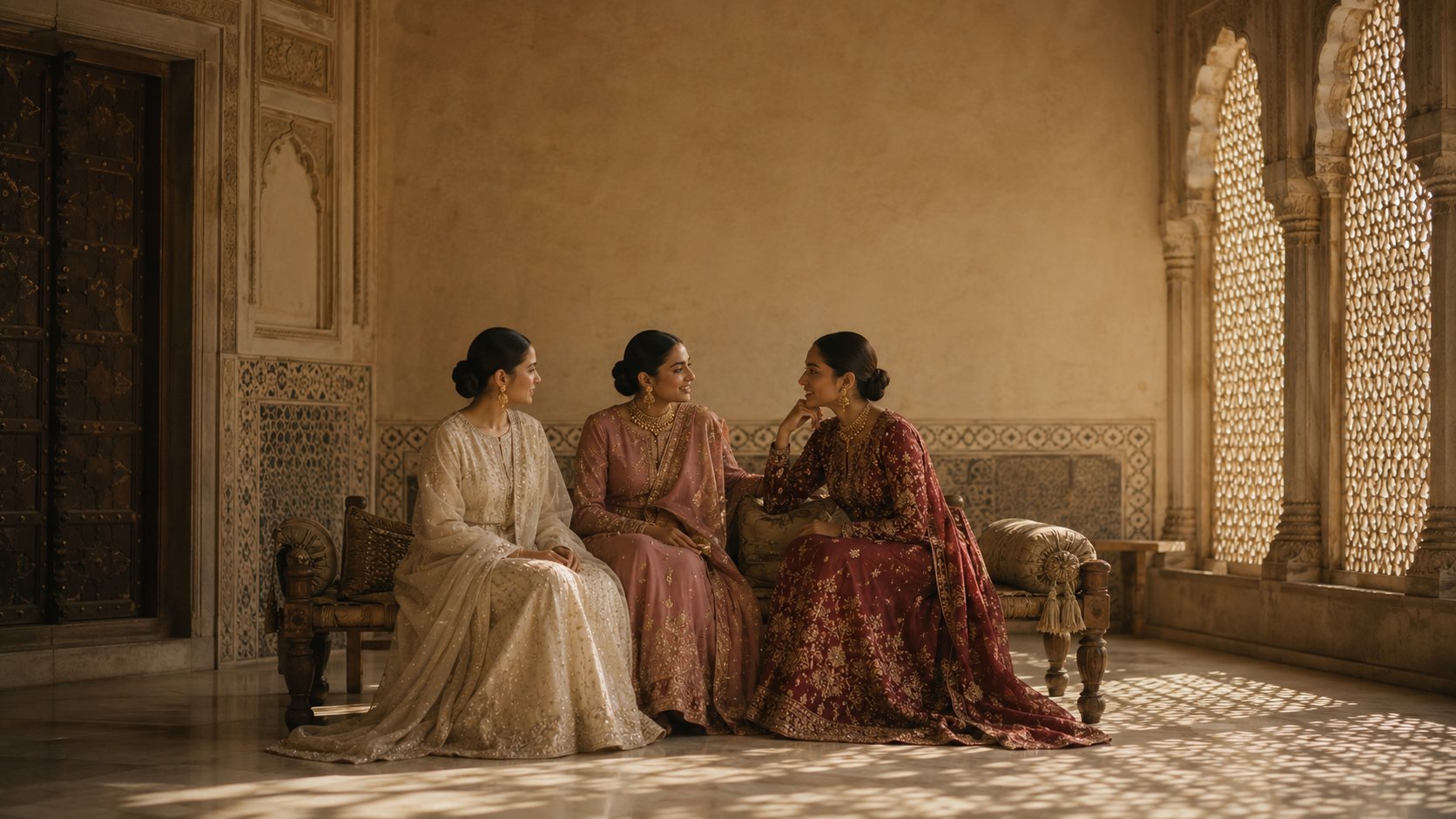 Trousseau feature — three Pakistani women in a sunlit Lahore haveli