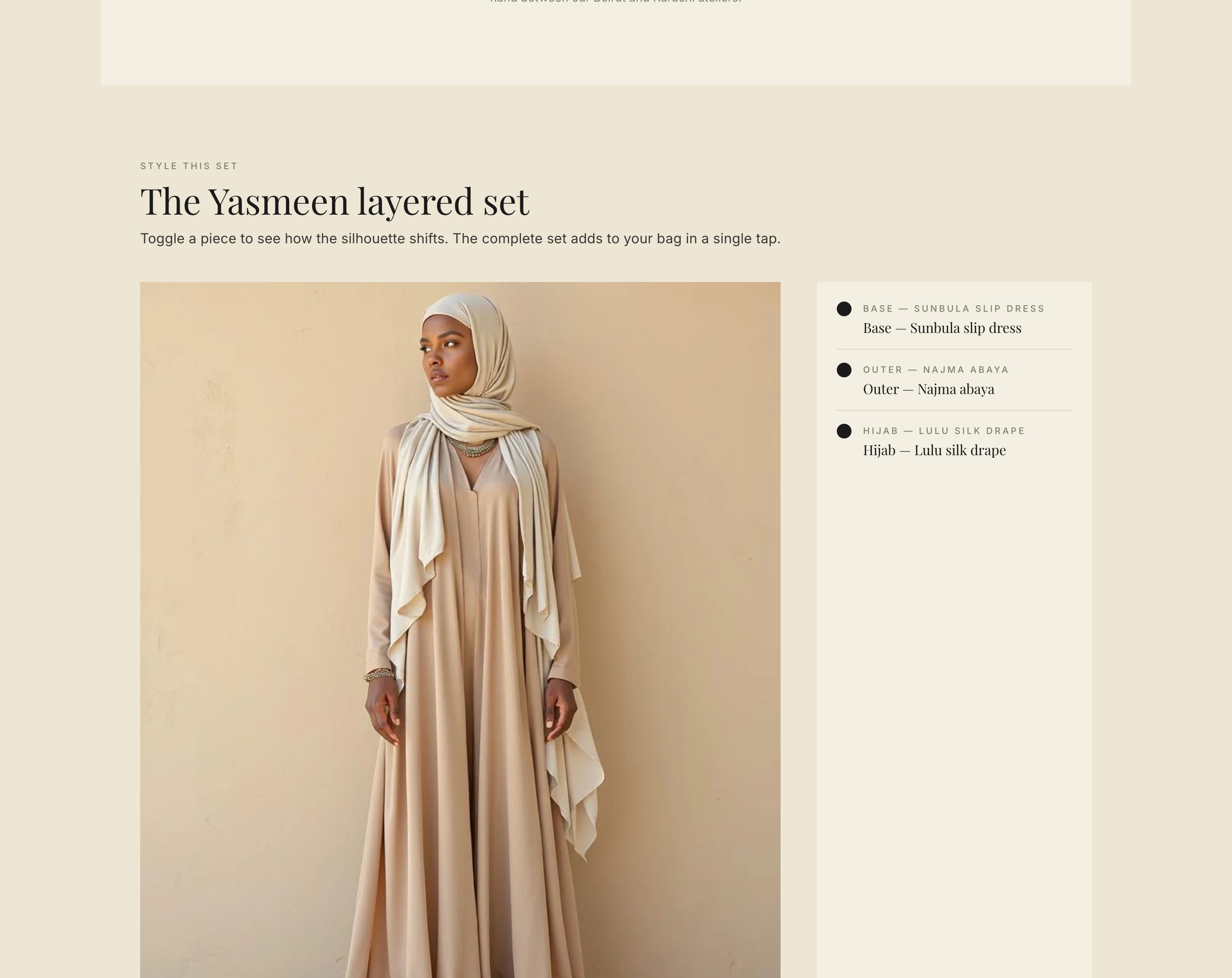 Layered Styling Combinator — stacked base + outer + hijab on a single model with toggle controls and Style this set CTA