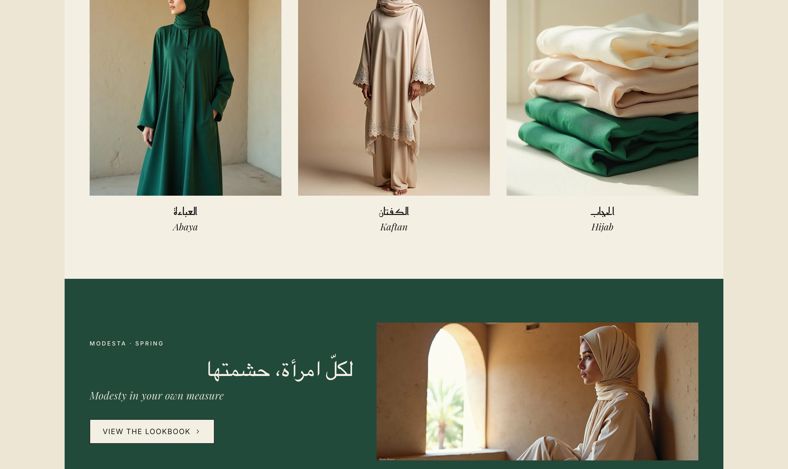 Three-up collections strip (Abaya · Kaftan · Hijab) above a region-aware banner surfaced via Shopify Markets
